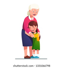 Grand mother embracing grand daughter child. Kid embrace his grandmother. Grandma smiling with love hugging his laughing granddaughter. Generations & family relationship. Flat style vector illustratio
