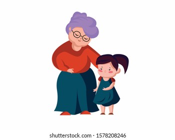 Grand Mother Embracing Grand Daughter Child. Grandma Smiling With Love Hugging His Laughing Granddaughter. Generations & Family Relationship. Flat Style Vector Illustration