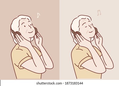 Grand Mother Listening Music .Hand drawn style vector design illustrations.