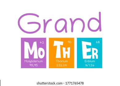 Grand Mother Text as Periodic Table of Mendeleev Elements for printing on t-shirt, mug, any gift, for Mother's day or birthday of Granny, trendy concept for june holiday, pattern for gift, family look