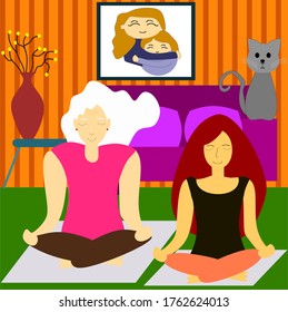 Grand mrother with her grand draughter practices yoga at home- doing meditation -at the time of home quarantine- prevention of the spread of coronavirus, covid-19, 2019-Ncov.