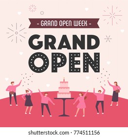 Grand Open Party People Character And Poster Concept Vector Illustration Flat Design