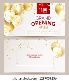 Grand open voucher templates. Beautiful holiday background with golden balloons and confetti. Voucher discount. Vector illustration