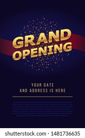 Grand opening 3d gold word sign. Vector background. Scissors cutting red ribbon design element for poster or banner for opening event