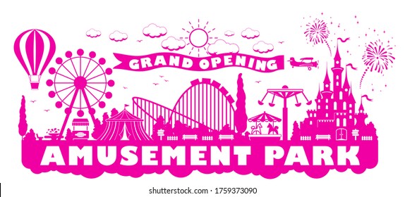 Grand opening of amusement park after quarantine. Amusement rides silhouettes, castle, balloon in pink color. Flat design, illustration, vector