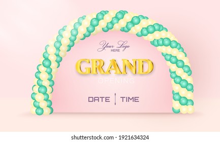 Grand Opening announcement with golden text and balloons arch for beauty business and startup company vector illustration