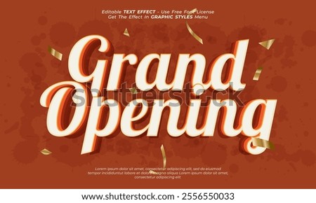 A grand opening announcement with large text on an orange background, featuring decorative elements like ribbons and confetti
