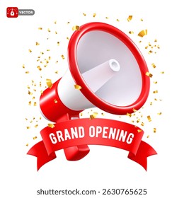 Grand Opening announcement logo with 3d megaphone, golden confetti and red ribbon with text. Coming soon event notification, sale advertisement. Isolated Vector illustration