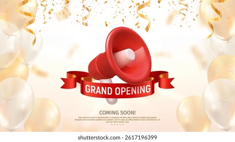 Grand Opening Announcement with Red Megaphone, Shiny Balloons, Ribbon, and Gold Confetti. Perfect for Promotions and Celebrations. Vector Illustration