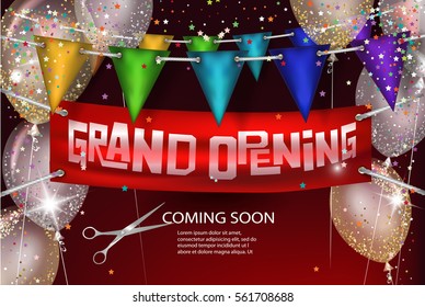 Grand opening background with banner, air balloons and flags. Vector illustration