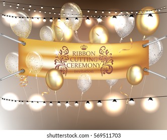 Grand opening background with banner, air balloons and garlands of lights. Vector illustration