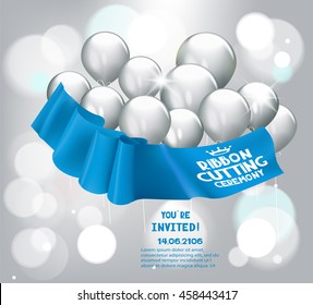 Grand opening background with blue wrapped ribbon and air balloons. Vector illustration