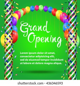 Grand Opening Background with the colored ribbons and ballons. Vector Illustration