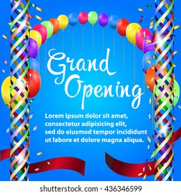 Grand Opening Background with the colored ribbons and ballons. Vector Illustration