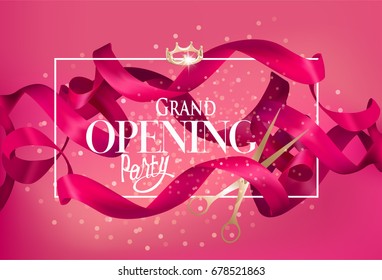 Grand opening background with curly ribbons, frame, crown and scissors. Vector illustration