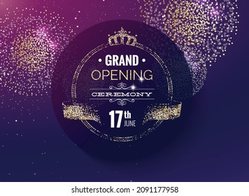 Grand opening background with fireworks and lights. Vector festive illustration in gold and purple colors.