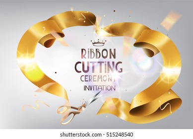 Grand Opening background with gold curly ribbon ,flying confetti. Holiday background. Vector illustration