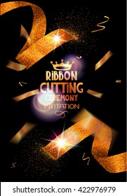 Grand Opening background with gold cut ribbon ,flying confetti on the dark background. Holiday background. Vector illustration
