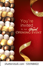 Grand opening background with gold ribbon and air balloons. Vector illustration