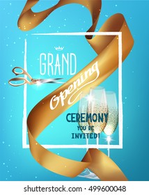 GRAND OPENING  BACKGROUND WITH GOLD  SILK RIBBON, GLASSES OF CHAMPAGNE AND FRAME