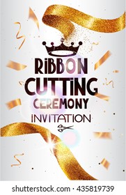 Grand Opening background with gold sparkling ribbon ,flying confetti. Holiday background. Vector illustration