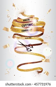 Grand Opening background with gold sparkling ribbon ,flying confetti. Holiday background. Vector illustration