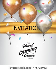 Grand Opening background with gold sparkling ribbon, air balloons ,flying colorful confetti. Holiday background. Vector illustration