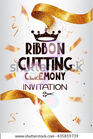 Grand Opening background with gold sparkling ribbon ,flying confetti. Holiday background. Vector illustration