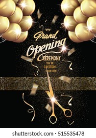 Grand Opening background with gold textured ribbon ,flying confetti. Holiday background. Vector illustration