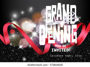 Grand Opening background with red curly ribbon and scissors. Vector illustration