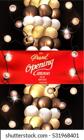 Grand opening background with red  ribbon and air balloons and light garland . Vector illustration