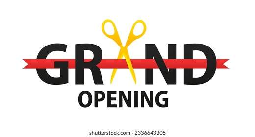 Fondo de la gran apertura. Tijeras para cortar el elemento de diseño de cinta roja para afiche o pancarta para el evento de apertura. Aislado sobre fondo blanco. Ilustración del vector
