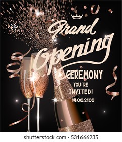 GRAND OPENING  BACKGROUND WITH SPARKLING SERPENTINE,  GLASSES AND BOTTLE OF CHAMPAGNE. VECTOR ILLUSTRATION