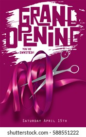 Grand opening background with  textured curly pink ribbon and scissors. Vector illustration