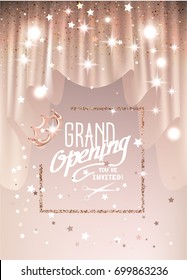 Grand opening background with textured gold sparkling stars and curtain. Vector illustration