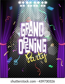 Grand opening background.Colorful shiny flying confetti with spotlights and theater curtains. Vector illustration