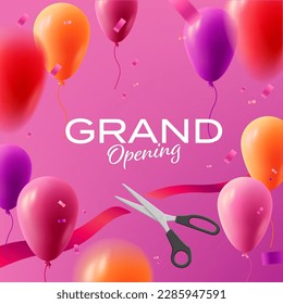 Grand opening banner with 3d illustration of air balloons with confetti with red ribbon cut with scissors, banner promo composition in pink colors