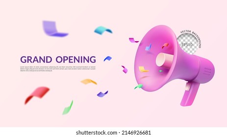 Grand opening banner, 3D pink megaphone with confetti, Vector illustration