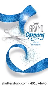 Grand opening banner with abstract blue abstract ribbon and scissors