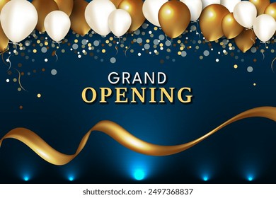grand opening banner with balloon elements, gold ribbon on dark blue background