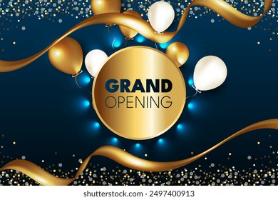 grand opening banner with balloon elements, gold ribbon