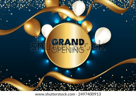 grand opening banner with balloon elements, gold ribbon