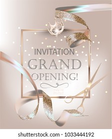 Grand opening banner with beige curly sparkling ribbons. Vector illustration