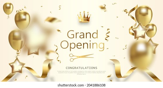 Grand opening banner with beige curly sparkling ribbons. Vector illustration