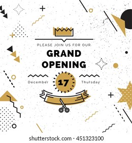 Grand opening banner in black and gold colors. Vector background in retro 80s, 90s memphis style. Scissors cutting gold ribbon