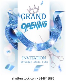 Grand Opening banner with  blue sparkling curly ribbon, scissors amd confetti. Vector illustration