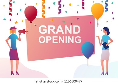 Grand opening banner. Ceremony opening. Vector illustration flat design. Isolated on white background. Two women with a loudspeaker open announcement advertisement.