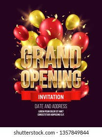 Grand opening banner with confetti and balloons. Ceremony presentation. Vector illustration.