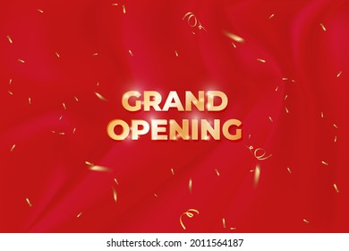 grand opening banner with confetti on red background.