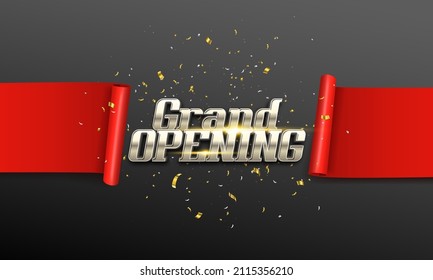 Grand opening. Banner with confetti and red ribbon. Ceremony presentation. Vector illustration.